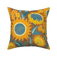 Sunflowers | Large scale | orange, blue, terracotta