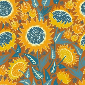 Sunflowers | Large scale | orange, blue, terracotta