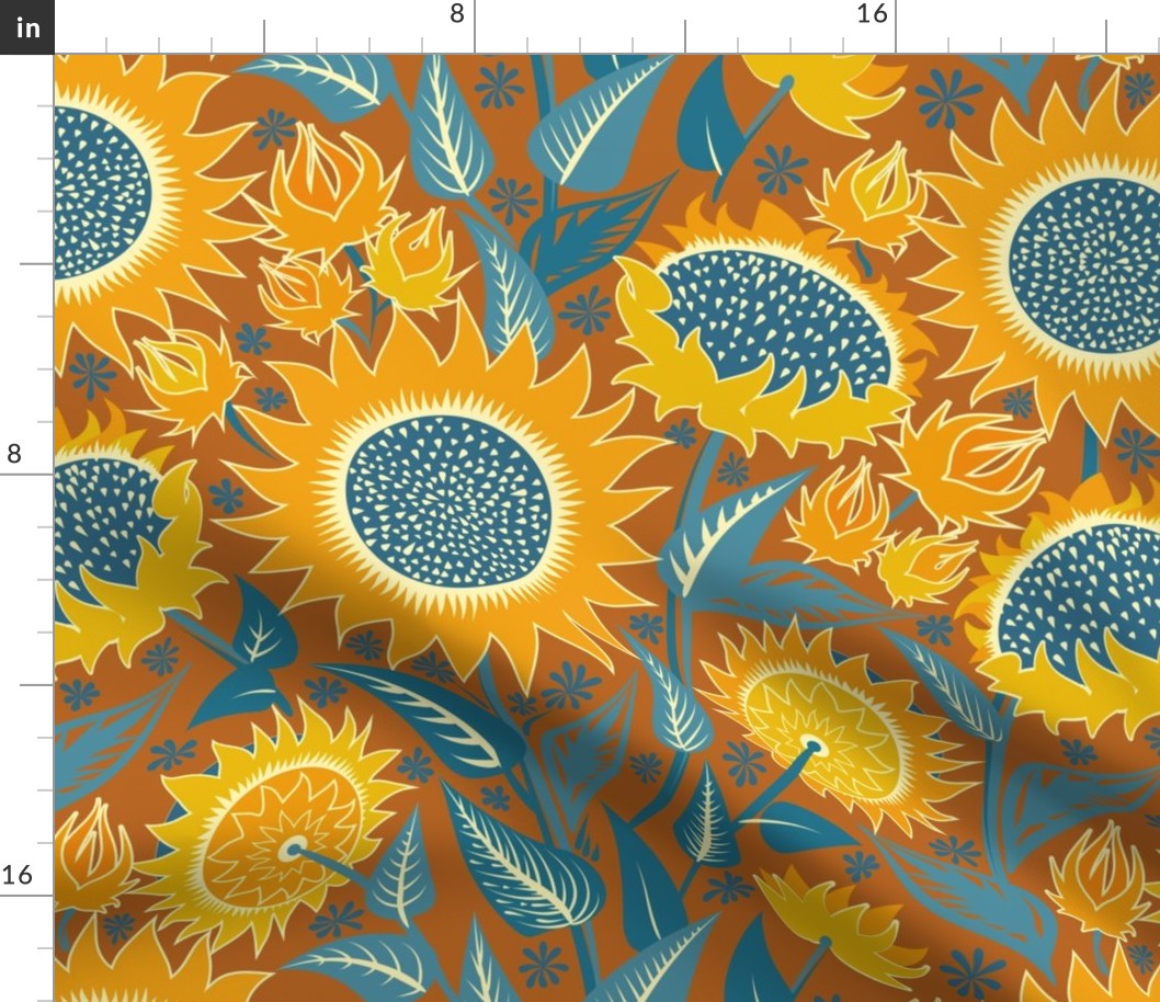 Sunflowers | Large scale | orange, blue, terracotta