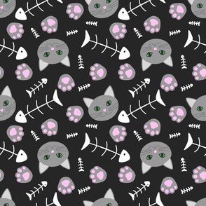 Gray cats, cat paws and fish bones pattern