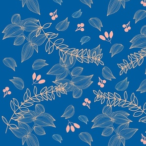 (M) Peach fuzz limbs and leaves on dark blue