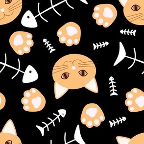 Orange cats, cat paws and fish bones pattern