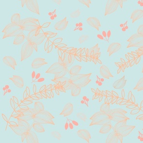 (M )Peach fuzz limbs and leaves on light blue