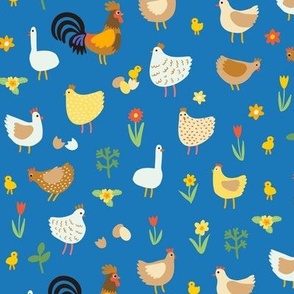 Chickens, chicks and geese - medium scale - blue Easter pattern by Cecca Designs