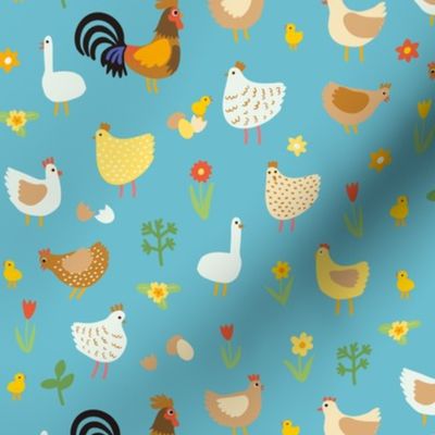 Chickens, chicks and geese - small scale - duck egg blue Easter pattern by Cecca Designs