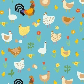 Chickens, chicks and geese - small scale - duck egg blue Easter pattern by Cecca Designs