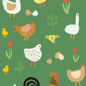 Chickens, chicks and geese - large scale - grass green Easter pattern by Cecca Designs