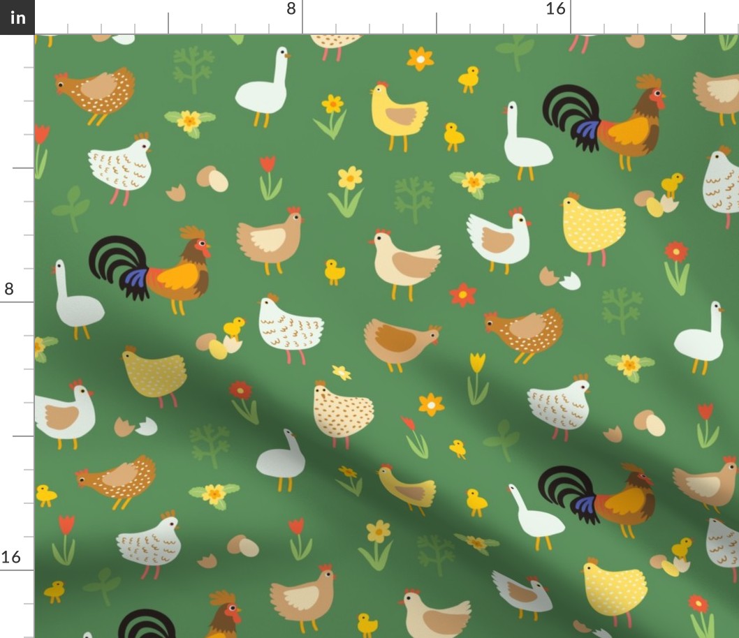 Chickens, chicks and geese - large scale - grass green Easter pattern by Cecca Designs