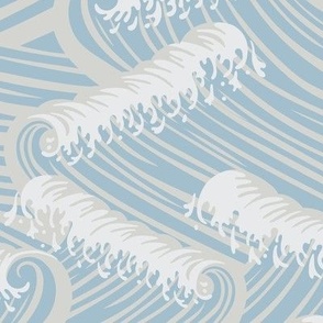 Medium Art Nouveau Crushing Ocean Waves in Dulux Sea Breeze Blue, Lexicon White  and Silver Tea Set Background