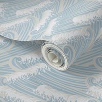 Small Art Nouveau Crushing Ocean Waves in Dulux Sea Breeze Blue, Lexicon White  and Silver Tea Set Background