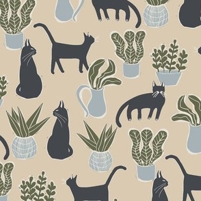 Kitties and Houseplants in Beige, Light Blue and Black