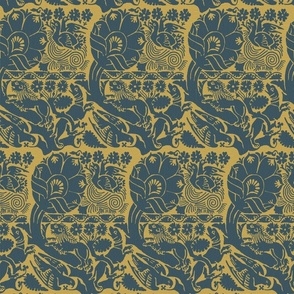 Oblique Damask with Animals and Birds, muted Prussian blue on gold