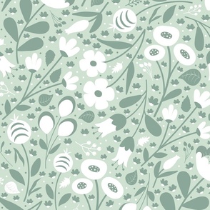 Garden Breeze - Light Green - Monochromatic - Monochrome - Florals - Flowers - Buttercups - Tulips - Nature