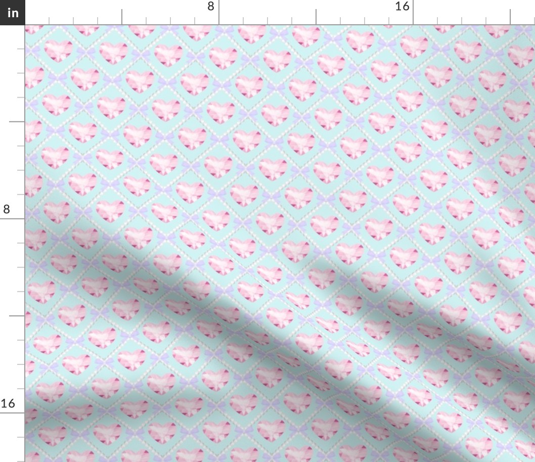 16 pink heart crystal gems gemstones jewels purple bows blue background white pearls trellis interlinked criss cross interconnected connected kawaii cute adorable elegant gothic EGL diamond quilting inspired pastel