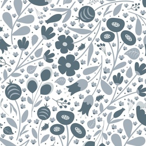Garden Breeze - Dark Slate Blue and White - Florals - Flowers - Botanicals - Nature - Buttercups - Tulips - Sophisticated