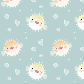 Playful pufferfish with bubbles on blue background - Kids pattern cute
