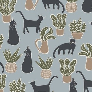 Kitties and Houseplants Blockprint Pattern on Black cats on Blue