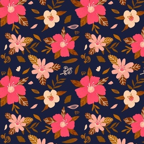 Summer flowers - medium - pink and navy