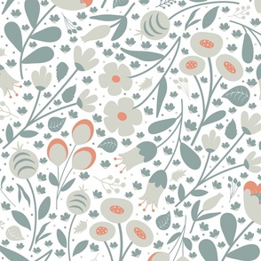 Garden Breeze - Sage and Orange with White Background - Florals - Flowers - Pastel Colors - Nature - Buttercups - Tulips - Sophisticated