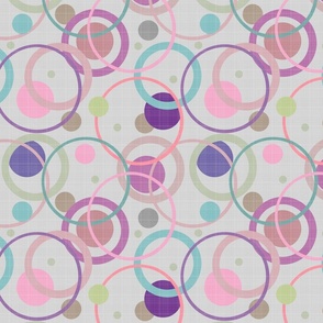 Gray retro pattern with circles and rings in lilac and pink colors