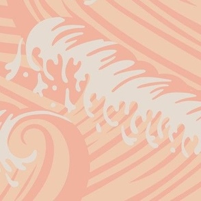 Large Art Nouveau Crushing Ocean Waves in Light Pink and Peach Monochromatic Hues Background