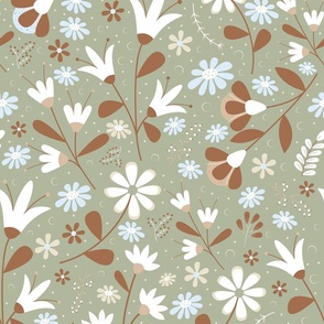 Welcoming Petals - Sage - Brown - Flowers - Florals - Nature - Daisies - Sophisticated - Light Blue - Botanicals