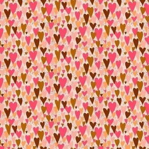 327 - Mini micro hand drawn skinny love hearts in hot pink, peach, mango and brown - in tiny dollhouse scale for crafts, patchwork, baby accessories, kids pjs and children decor