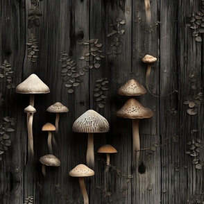 Moody Mushrooms on Weathered Black & Gray Barnwood - Dramatic Rustic Woodland Wallpaper in Large Scale