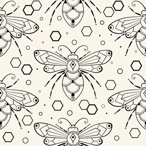 Honey Bees Black on  a Parchment Ivory Background Art Deco - Medium scale   
