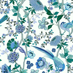Chintz Chinoiserie wallpaper Blues and Greens peacocks, birds, floral, vintage