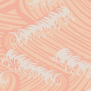 Medium Art Nouveau Crushing Ocean Waves in Light Pink  and Peach Hues Background