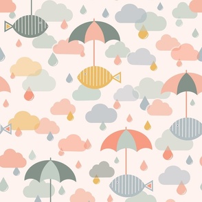 Flying Fish in the Rain - Pink - Animals - Surrealist - Surreal - Sky - Kids - Raindrops - Peach - Muted Colors - Rain - Clouds - Umbrellas - Storm