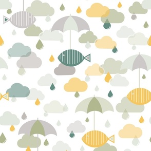 Flying Fish in the Rain - Green and Yellow - Animals - Surrealist - Surreal - Sage - Sky - Kids - Raindrops  - Rain - Clouds - Umbrellas - Storm