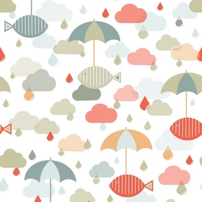 Flying Fish in the Rain - Khaki and Red - Animals - Surrealist - Surreal - Sage - Sky - Kids - Raindrops  - Rain - Clouds - Umbrellas - Storm