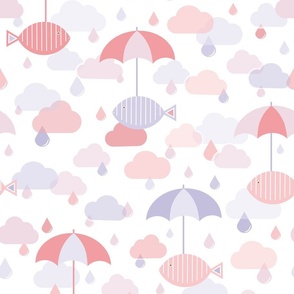 Flying Fish in the Rain - Pastel Colors - Animals - Surrealist - Surreal - Lavender - Pink - Sky - Kids - Raindrops  - Rain - Clouds - Umbrellas - Storm
