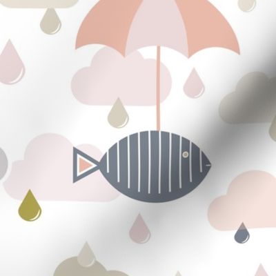 Flying Fish in the Rain - Light Khaki and Pink - Animals - Surrealist - Surreal - Sky - Kids - Raindrops  - Rain - Clouds - Umbrellas - Storm