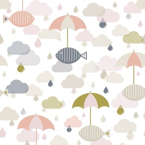 Flying Fish in the Rain - Light Khaki and Pink - Animals - Surrealist - Surreal - Sky - Kids - Raindrops  - Rain - Clouds - Umbrellas - Storm