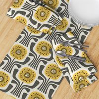 retro geometric flowers v1 - mustard yellow / brown - chevron texture