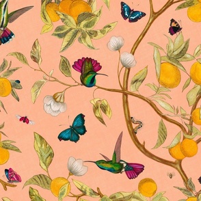 Hummingbirds, lemons and butterflies in peach fuzz 