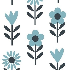 ( large) Allsorts - retro flowers, floral  ( Blue )