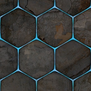Large, darkly rustic industrial texture behind a blue glowing hex-grid