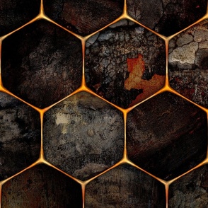 Large Rustic burnt industrial texture behind a glowing hex-grid