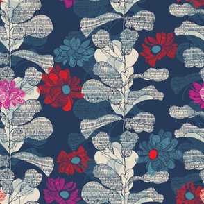 (M) Red and Pink Peonies on a Navy Blue background