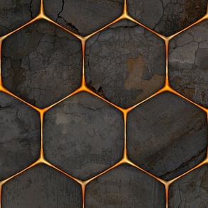 Large, darkly rustic industrial texture behind a gold hex-grid