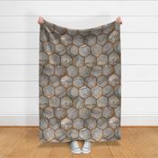 Large, industrial rustic concrete texture behind a gold hex-grid