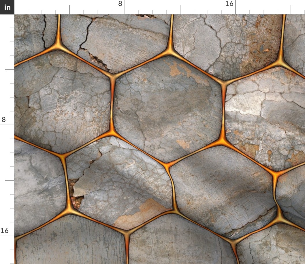 Large, industrial rustic concrete texture behind a gold hex-grid