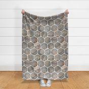 Large, rustic industrial texture behind a white glowing hex-grid