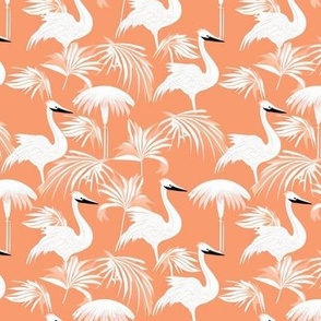 Cranes and storks on peach // tropical palms
