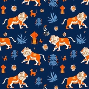 Marching Circus Lions // Folk lions on midnight blue
