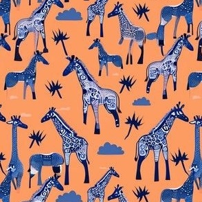 Giraffe Safari // Blue ink on Desert Blush
